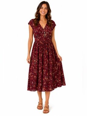 Roxy Floral Babydoll Dress Burgundy Boho Midi     Cottagecore Dress NWT Large